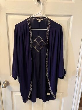 Embroidered Open Front Kimono Cardigan - Deep Purple Navy, Small